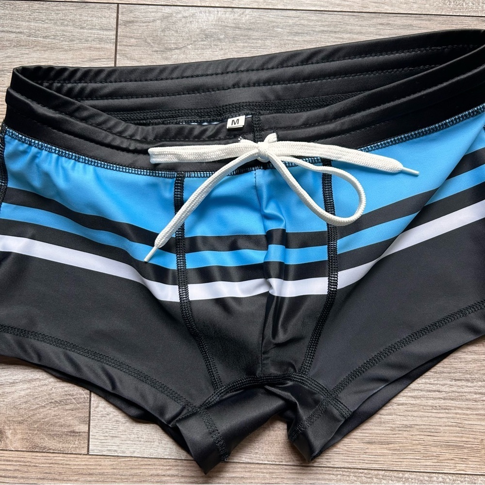 Cassis Square Cut Swim Trunks in Blue, Black & White (Medium / 30-32" Waist) - Picture 8 of 13